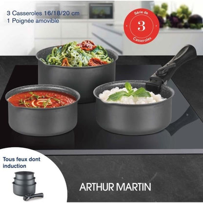 Batterie de cuisine ARTHUR MARTIN AM777GM Set de 3 casseroles - Gris Mat 16-18-20 cm + 1 poignée amovible - Tous feux dont induction