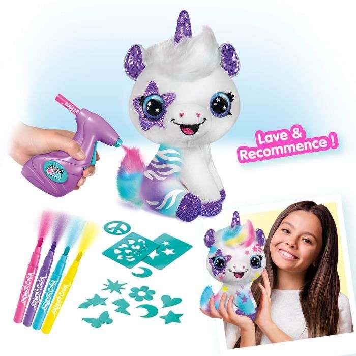 Peluche Air brush Licorne a personnaliser - Peluche spray art avec feutres et pochoirs - OFG228 - Canal Toys