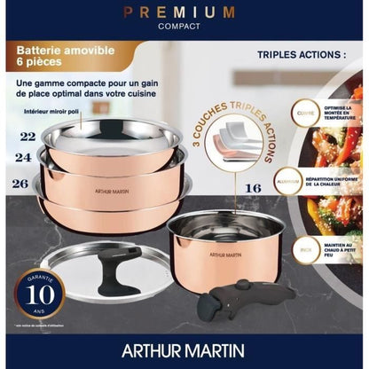 Batterie de cuisine 6 pièces - ARTHUR MARTIN - AM516GT - 3 couches triple action - Tous feux dont induction