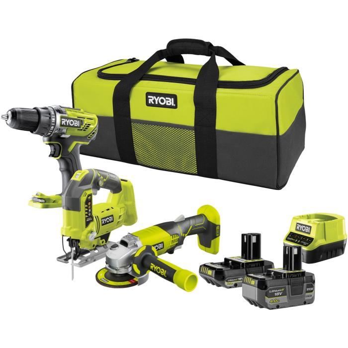 RYOBI 3 outils : 1 perceuse-visseuse Brushless + 1 meuleuse 115 mm + 1 scie sauteuse + 2 batteries 4 Ah & 2 Ah + 1 chargeur & 1 sac