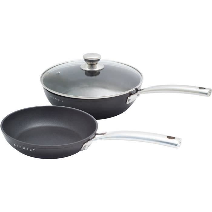 Lot sauteuse 24 cm + poêle 20 cm - BAUMALU - Black edition - Avec couvercle - Aluminium