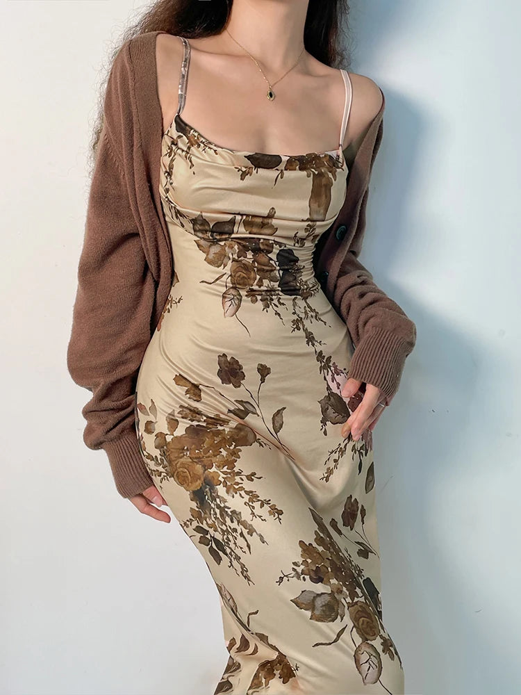 Robe longue Vintage Femmes - Tenue élégante, dos nu et imprimée